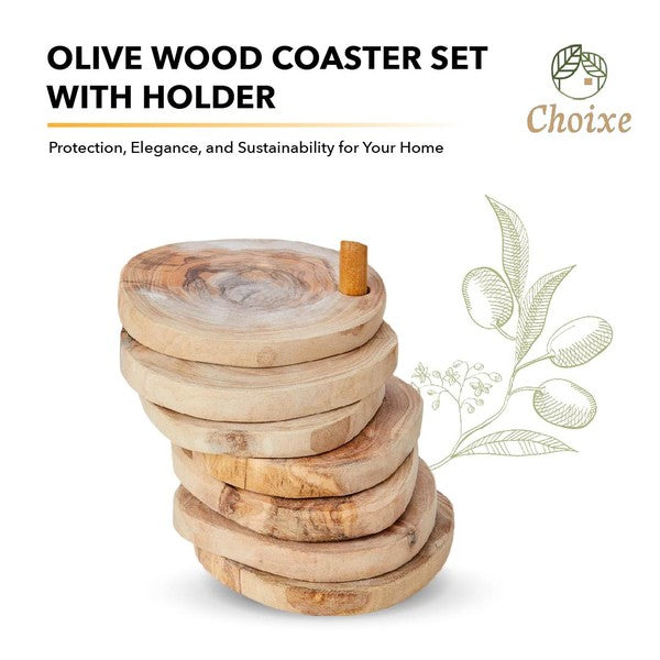 Olive Wood Coaster Set with Holder -7 Pcs Choixe