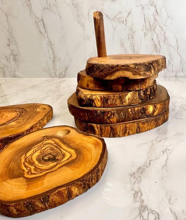 Olive Wood Coaster Set with Holder -7 Pcs Choixe