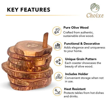 Olive Wood Coaster Set with Holder -7 Pcs Choixe