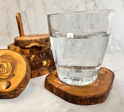 Olive Wood Coaster Set with Holder -7 Pcs Choixe