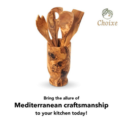 Olive Wood Kitchen Servers Set w/Holder -6 Pcs Choixe