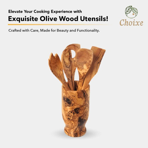 Olive Wood Kitchen Servers Set w/Holder -6 Pcs Choixe