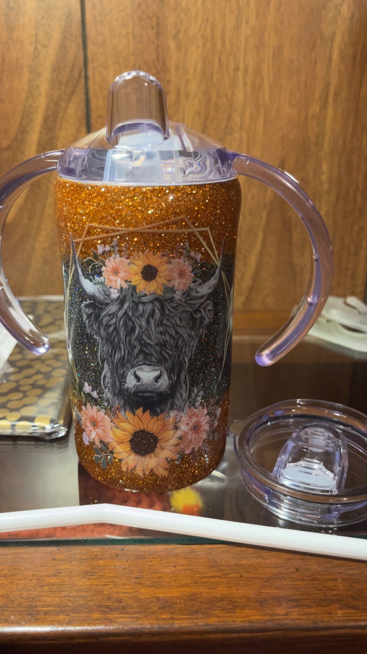 Sunflower, Highland cow kids travel Tumbler￼