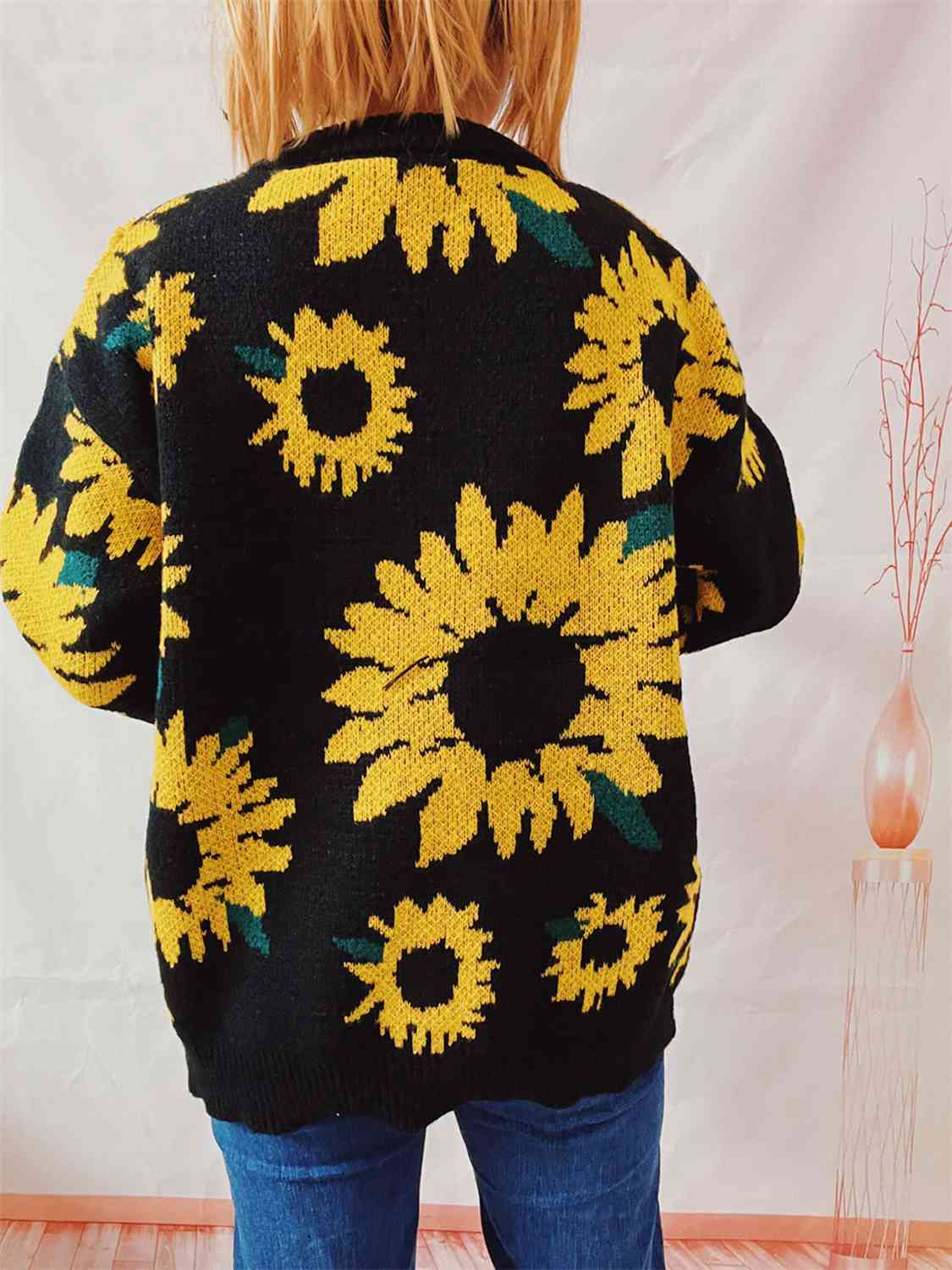 Sunflower Dropped Shoulder Long Sleeve Sweater - BLACK BROOM BOUTIQUE