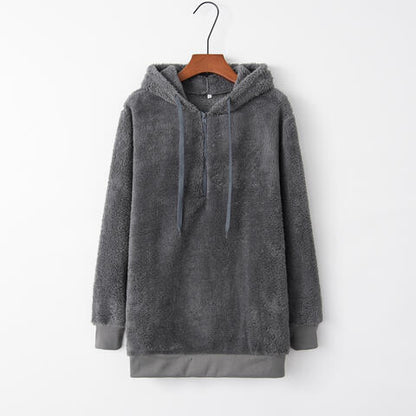 Quarter-Zip Drawstring Teddy Hoodie - BLACK BROOM BOUTIQUE