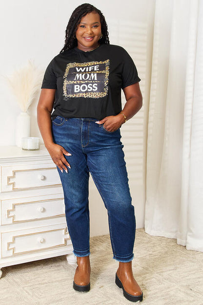 Simply Love WIFE MOM BOSS Leopard Graphic T-Shirt - BLACK BROOM BOUTIQUE