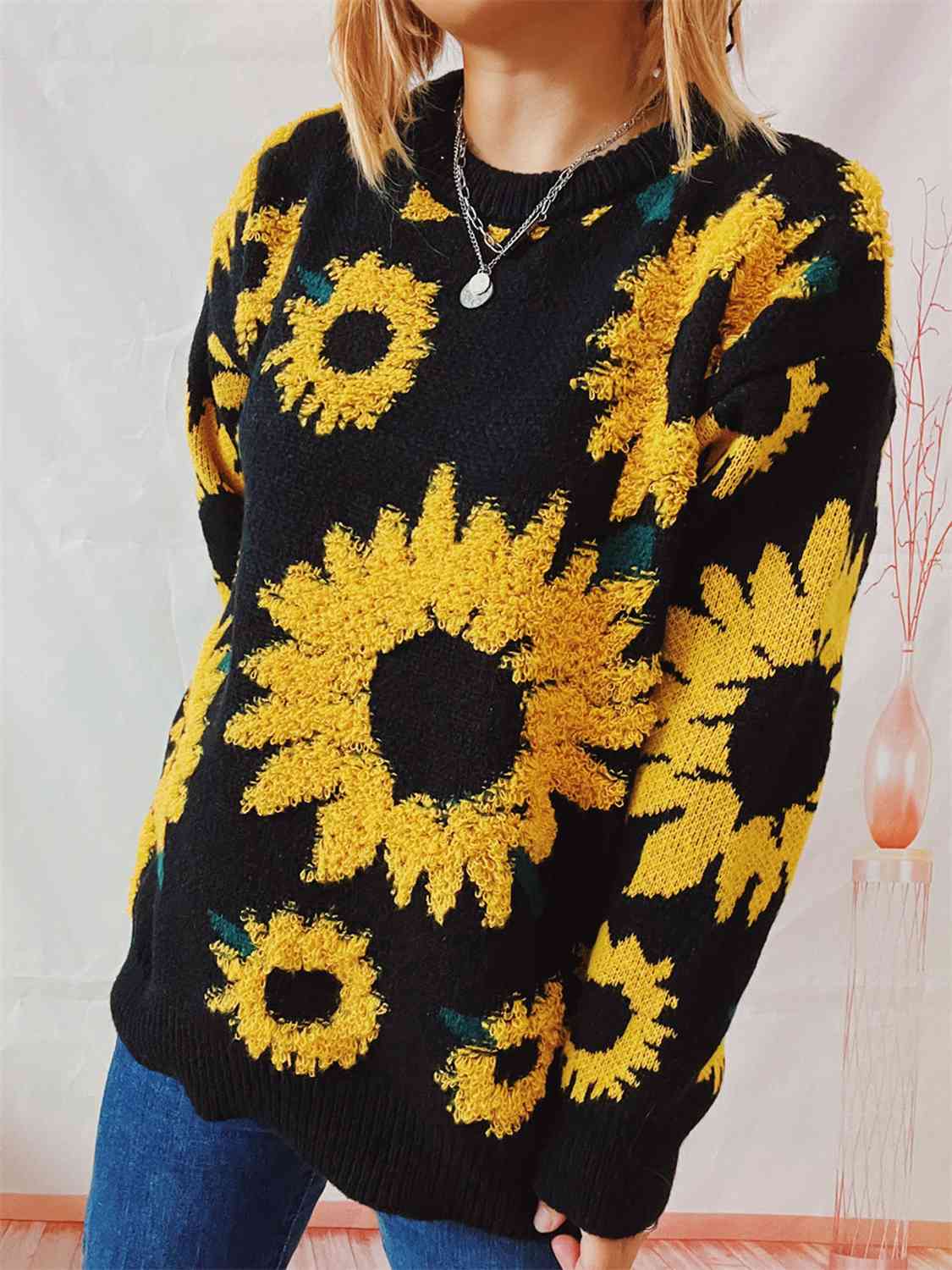 Sunflower Dropped Shoulder Long Sleeve Sweater - BLACK BROOM BOUTIQUE