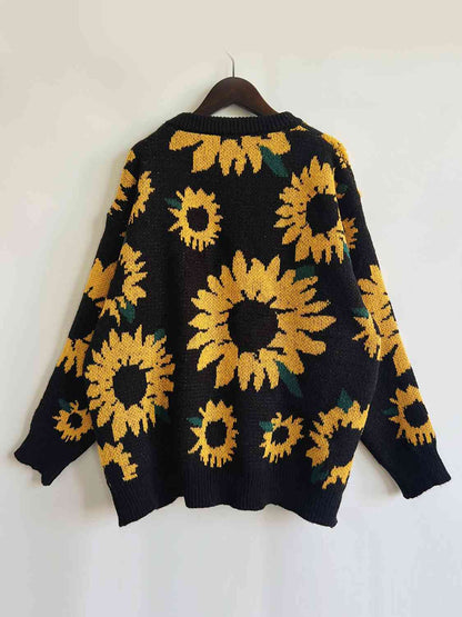 Sunflower Dropped Shoulder Long Sleeve Sweater - BLACK BROOM BOUTIQUE