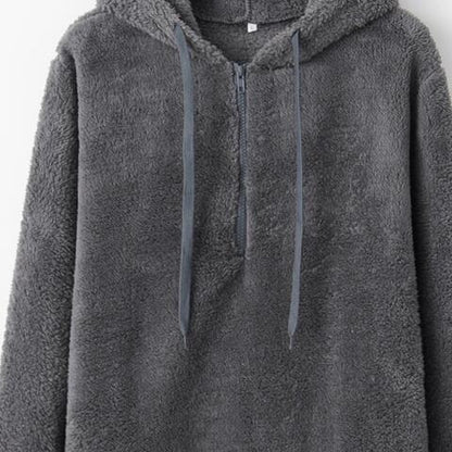 Quarter-Zip Drawstring Teddy Hoodie - BLACK BROOM BOUTIQUE