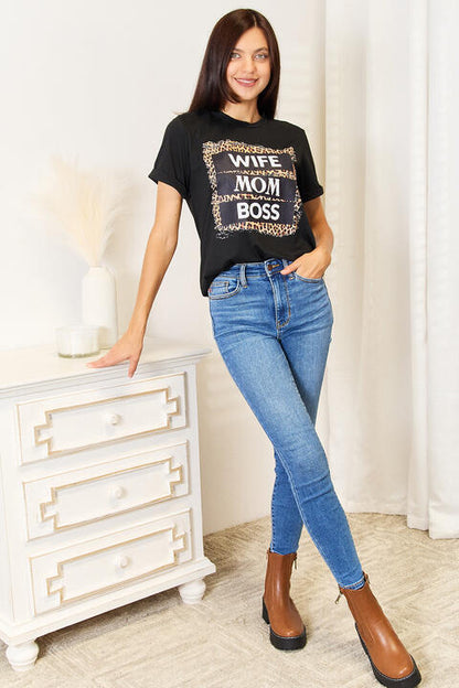 Simply Love WIFE MOM BOSS Leopard Graphic T-Shirt - BLACK BROOM BOUTIQUE