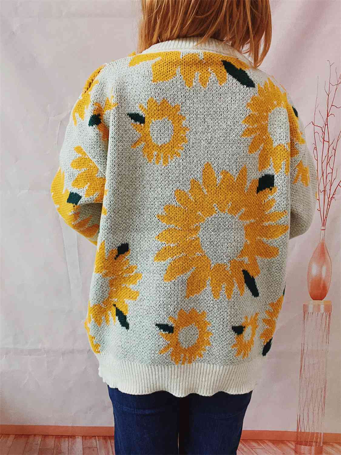 Sunflower Dropped Shoulder Long Sleeve Sweater - BLACK BROOM BOUTIQUE