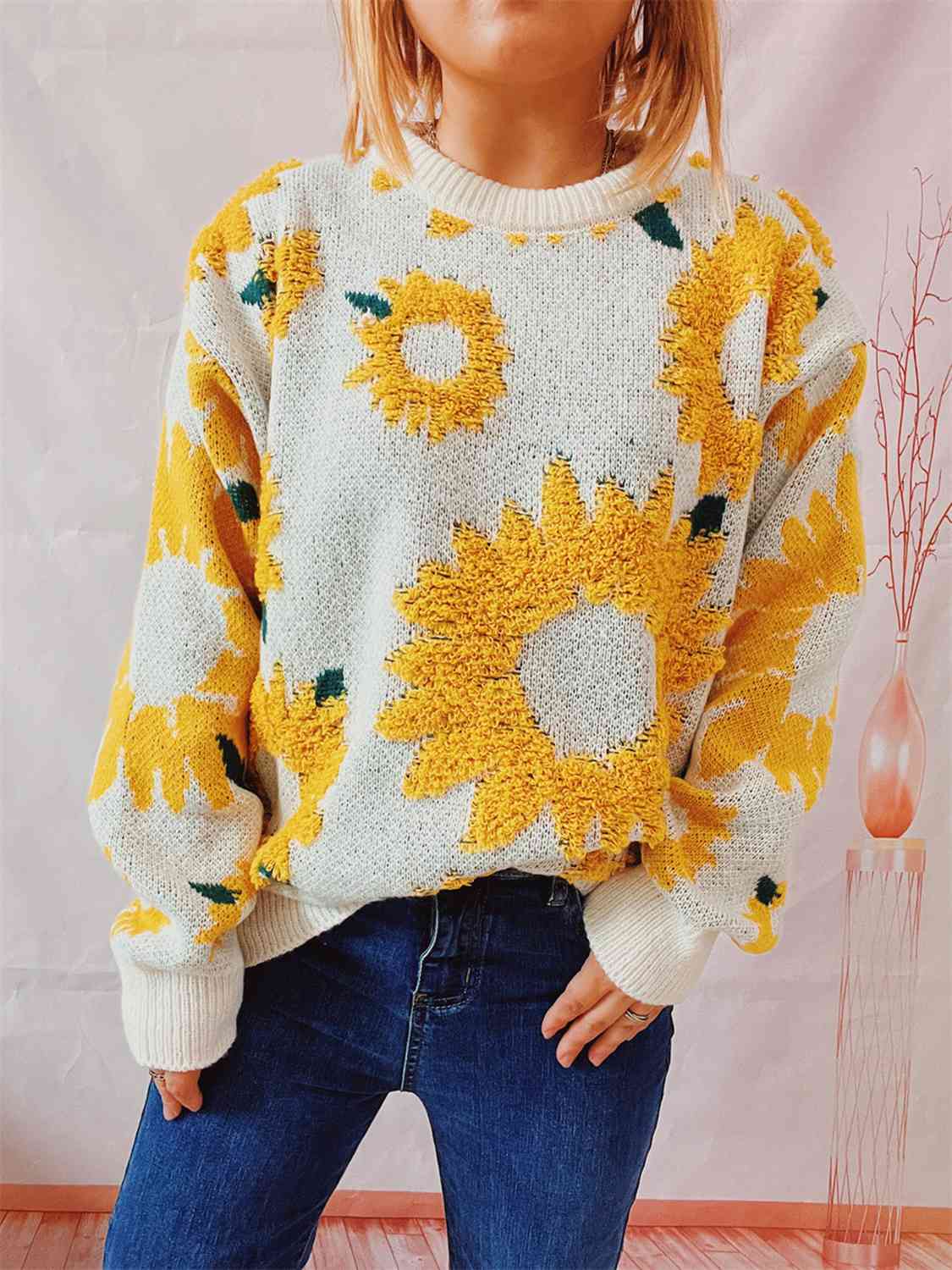 Sunflower Dropped Shoulder Long Sleeve Sweater - BLACK BROOM BOUTIQUE