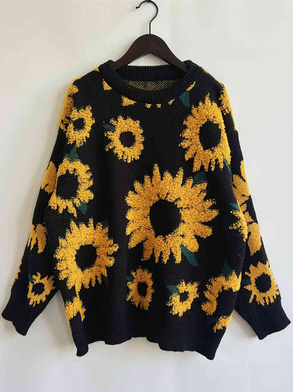 Sunflower Dropped Shoulder Long Sleeve Sweater - BLACK BROOM BOUTIQUE