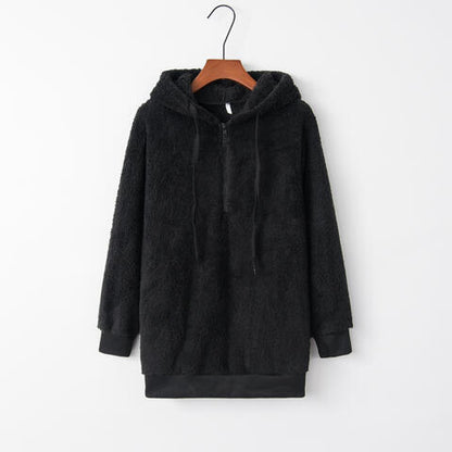 Quarter-Zip Drawstring Teddy Hoodie - BLACK BROOM BOUTIQUE