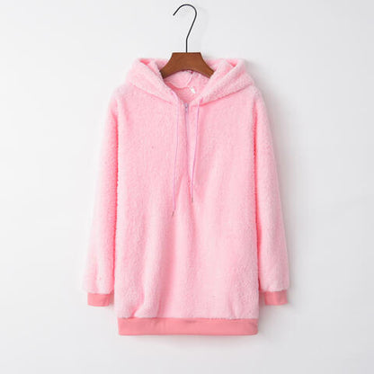 Quarter-Zip Drawstring Teddy Hoodie - BLACK BROOM BOUTIQUE