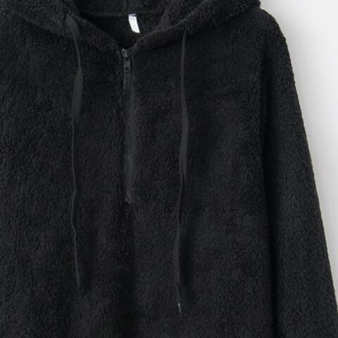 Quarter-Zip Drawstring Teddy Hoodie - BLACK BROOM BOUTIQUE